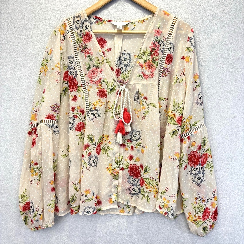 Time And Tru Boho Swiss Dot Floral Embroidered Tie Front Blouse Womens XL Beige